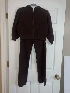 Waffle-Knit Zip Hoodie and Matching Pants Set - Chocolate Brown